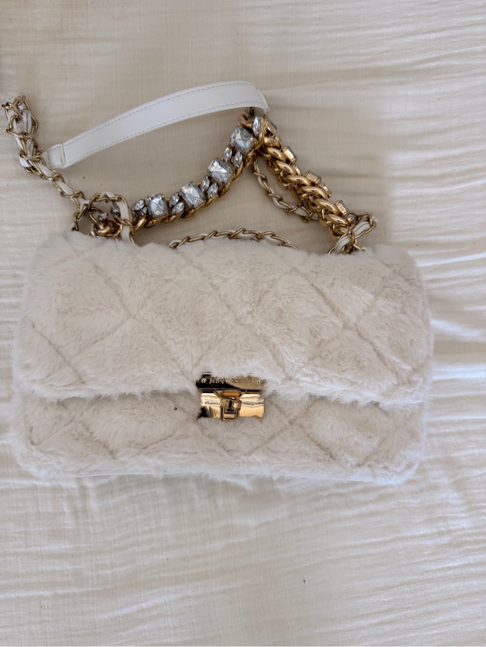 Betsey Johnson White Faux Fur Shoulder Bag with Gold Chain & Crystal Accents